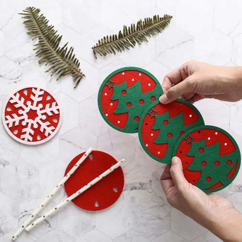 2pcs Christmas Coasters Christmas e Snowflake Red Green Roun