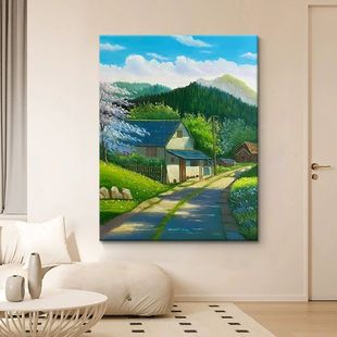 宫崎骏蓝天白云风景纯手绘油画乡间小路客厅玄关儿童房丙烯装饰画