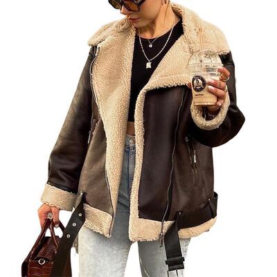 Women Faux Lamb Fur Leather Short Jacket Lapel Zipper