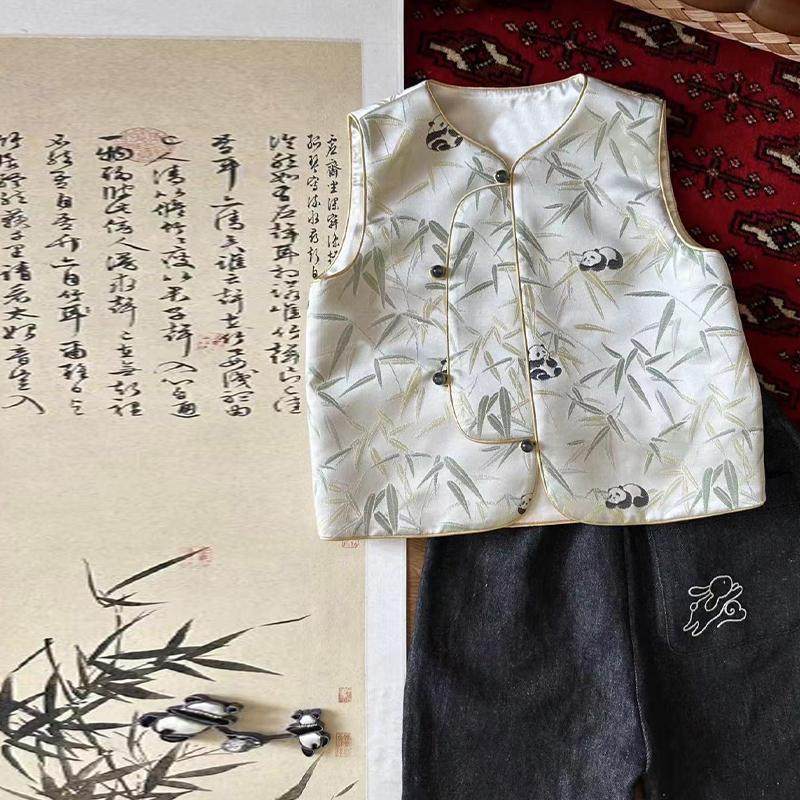 儿童新中式唐装马甲男女童2024秋季款国风气质竹叶熊猫坎肩背心