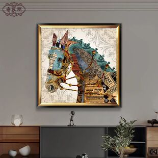 马到成功挂画过道入户玄关装 餐厅复古油画走廊壁画高级感 饰画美式