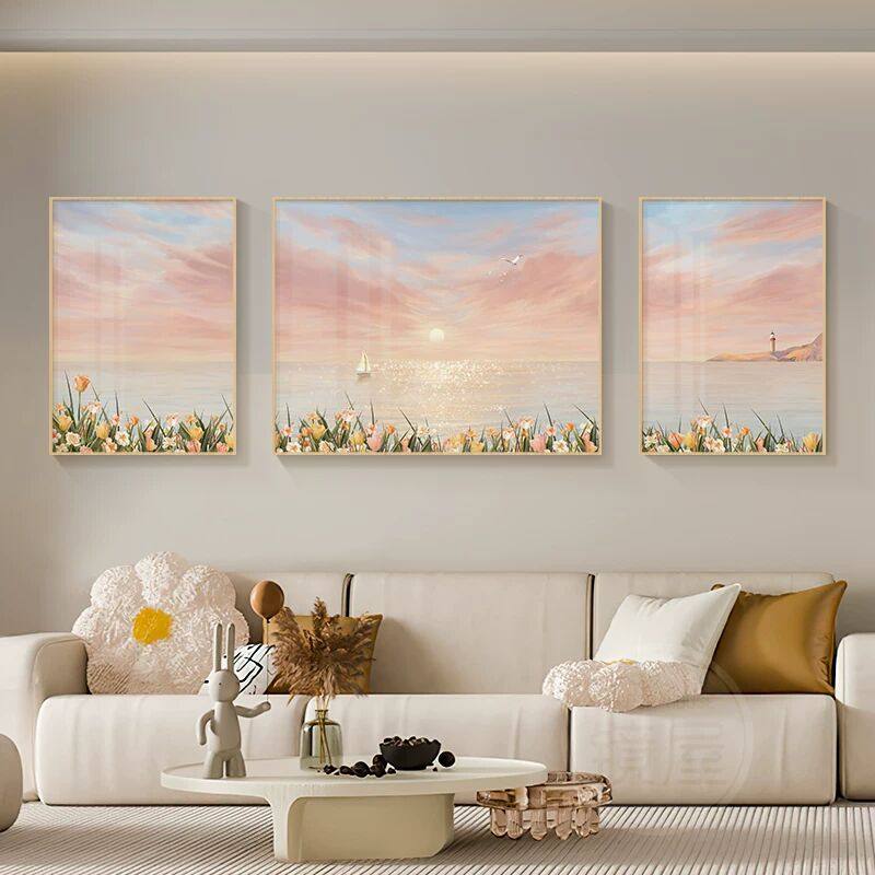 北欧客厅装饰画高级感沙发背景墙挂画治愈系海景三联画奶油风壁画,家居饰品,现代装饰画,淘宝优惠券,粉丝福利购,淘宝优惠卷