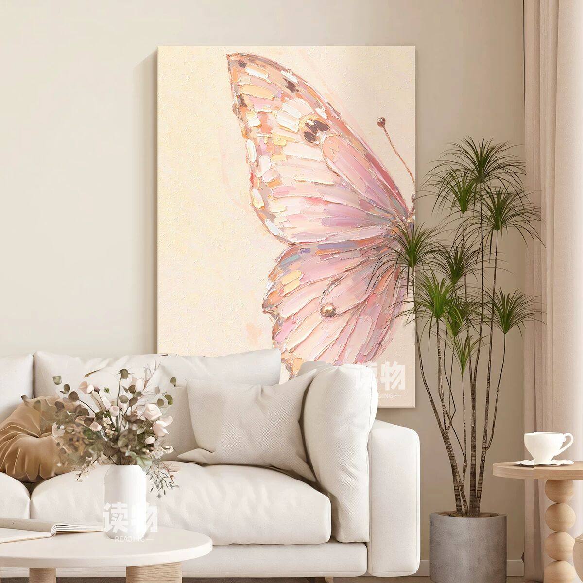 粉色蝴蝶纯手绘肌理油画客厅沙发背景墙装饰画奶油风动物玄关挂画,家居饰品,油画,淘宝优惠券,粉丝福利购,淘宝优惠卷