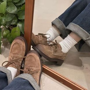 森系小众百搭复古简约圆头乐福鞋 女粗跟厚底 绑带舒适平底小皮单鞋
