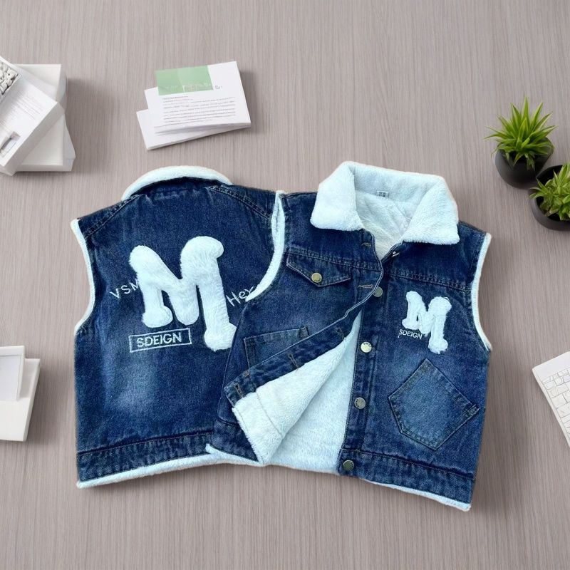 仿兔毛童装加绒加厚马甲新款保暖冬季新中式洋气中小童牛仔棉马甲