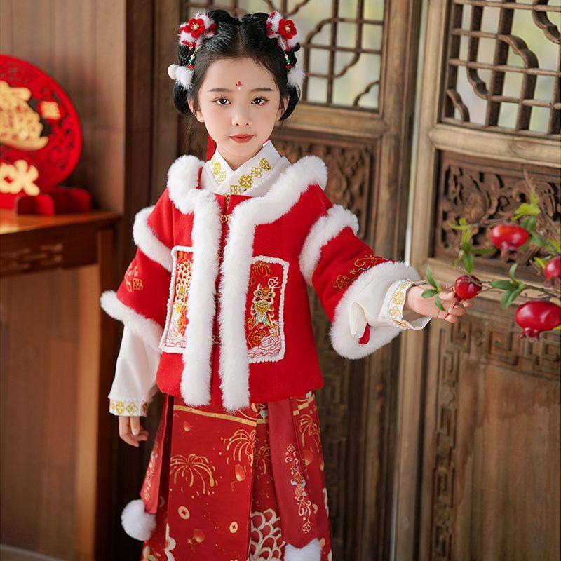 女童冬季汉服套装加绒加厚中小儿童新中式国风拜年服超仙周岁礼服