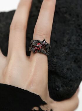 New Punk Black Rings Thorns Vine Twine Red Rhinestones Hollo