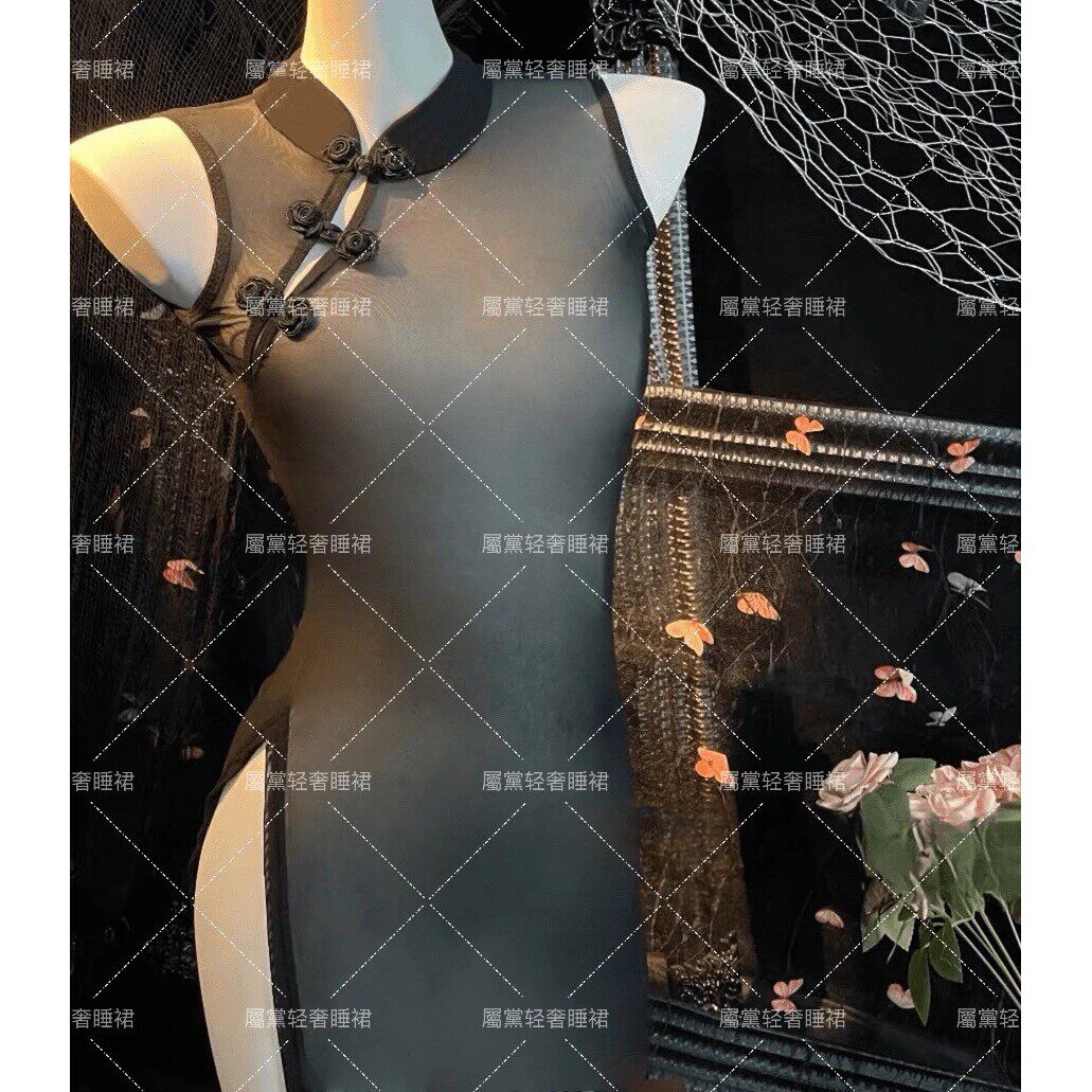 【风华绝代】透明复古新中式玫瑰花盘扣修身显瘦旗袍睡衣