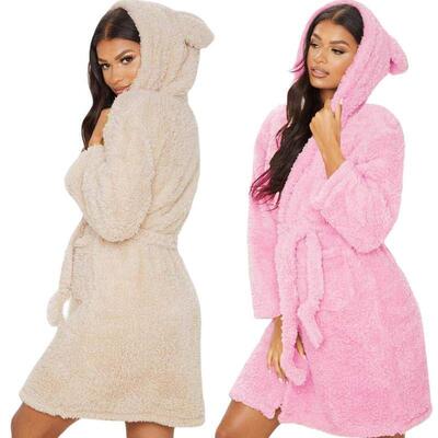 Women Bathrobe Nightgown Thick Warm Robe Pink Cute Adults