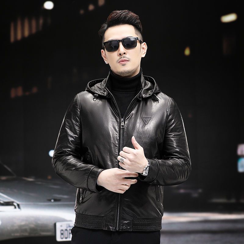 赫本山羊皮鹅绒连帽羽绒机车皮夹克秋冬季新款海宁真皮皮衣男外套