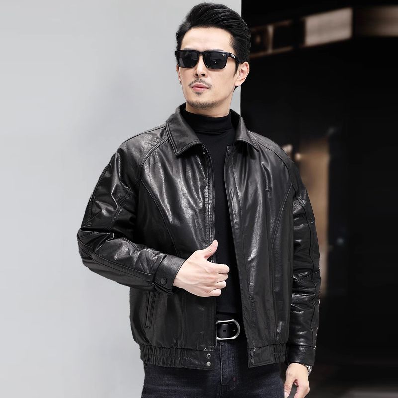 海宁秋冬真皮皮衣机车男头层牛皮夹克宽松休闲翻领羽绒服外套加厚