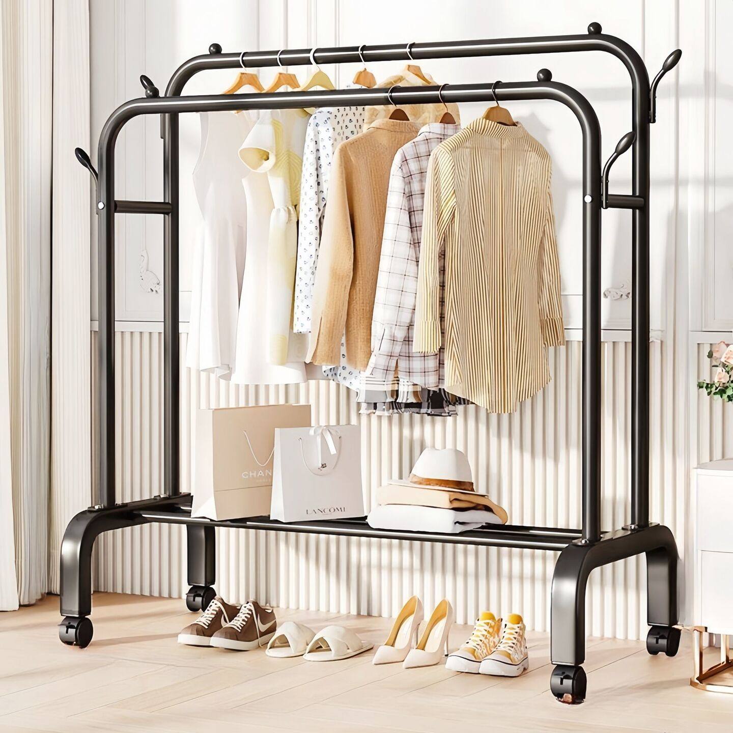 落地式衣帽架家庭宿舍双杆衣帽架室内伸缩衣服挂衣架阳台晾衣帽架