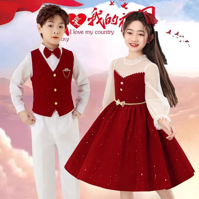 中小学生大合唱团演出服爱国诗歌朗诵演讲比赛男女歌唱祖国中国红