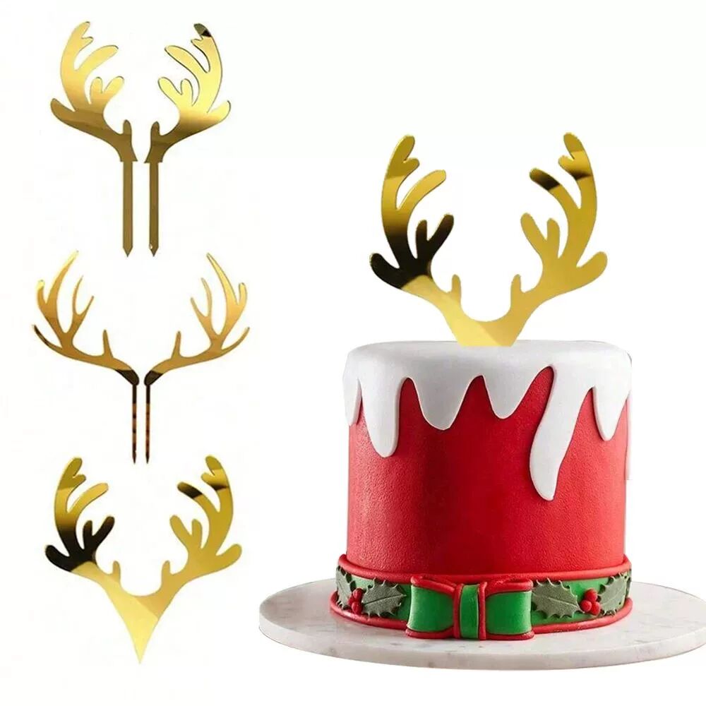 2pcs/set Gold Acrylic Deer Antler Cake Plug-in for Christmas
