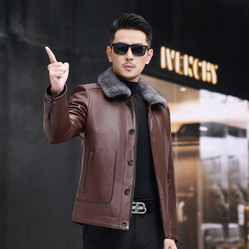冬季海宁真皮皮衣男士头层牛皮獭兔毛皮一体翻领脱卸加厚内胆外套