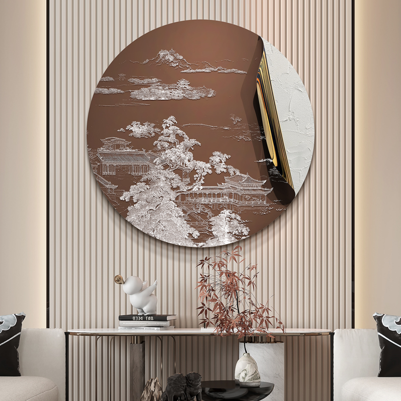 新中式入户玄关圆形艺术装饰画酒店别墅走廊过道浮雕实物立体挂画