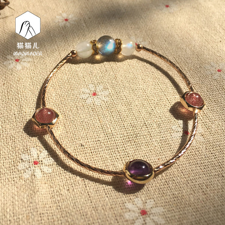 典润珠宝 天然草莓晶手链女 桃花蓝月光石紫水晶韩版手镯精致