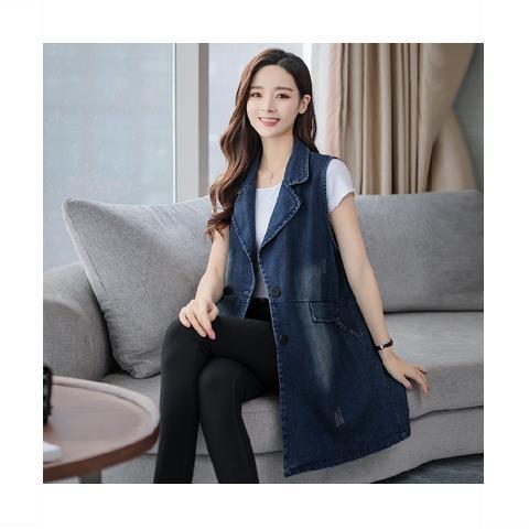 胖MM时尚大码马甲女新品牛仔马夹春秋新款中长款坎肩外套