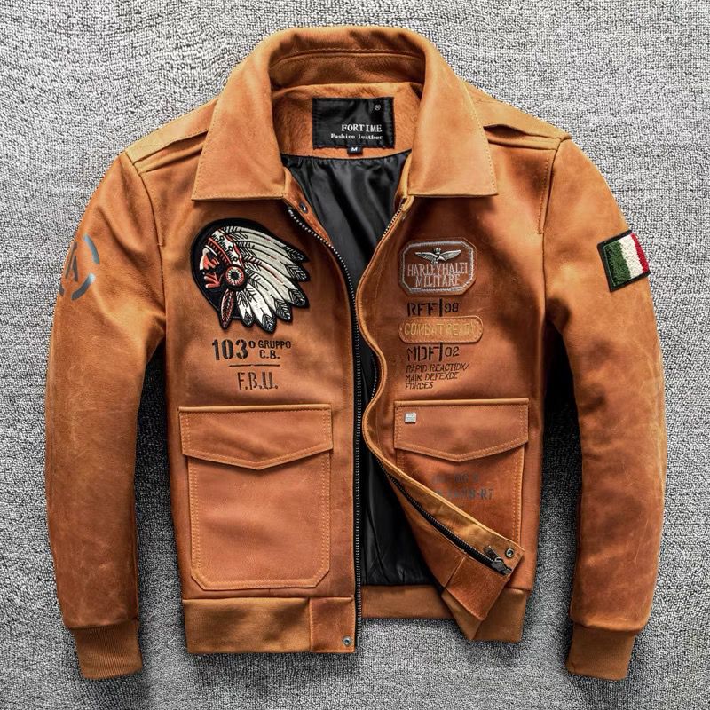 印第安飞行服头层牛皮1.8厚真皮皮衣男 蜡变色复古刺绣皮夹克外套