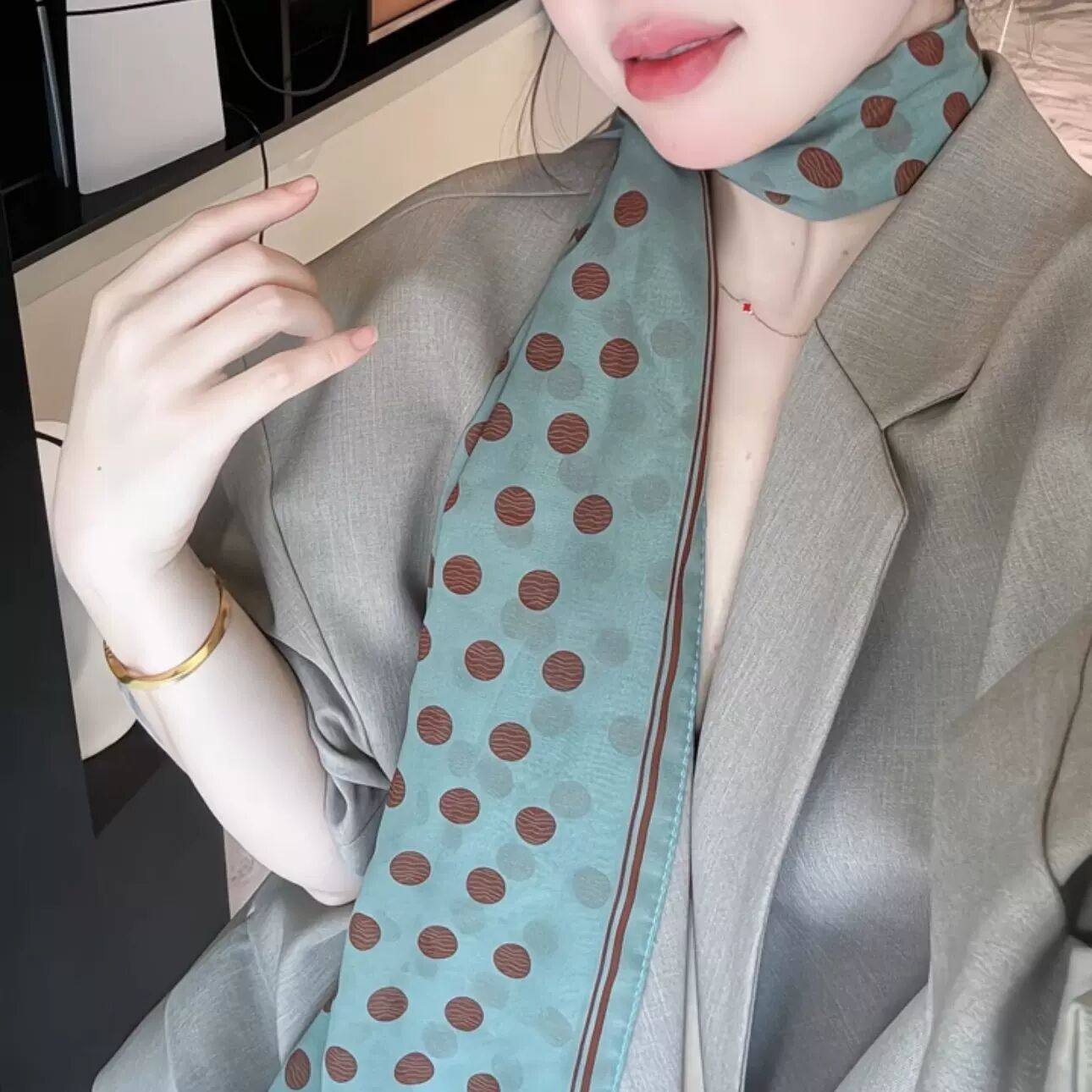 波点玫瑰花丝巾法式高级感百搭绿色系脖围巾领巾头巾发带装饰腰带