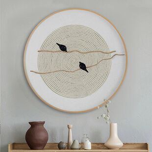 日式侘寂风玄关装饰画圆形民宿酒店床头挂画原木风餐边柜抽象壁画