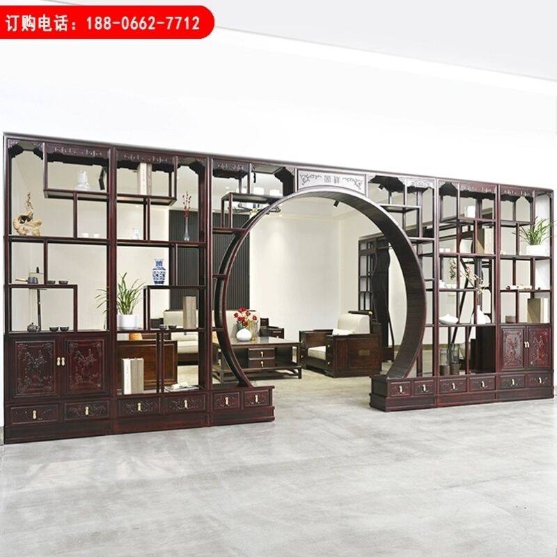 实木可伸缩圆拱月洞门博古架中式客厅门隔断背景墙月亮拱门玄关多