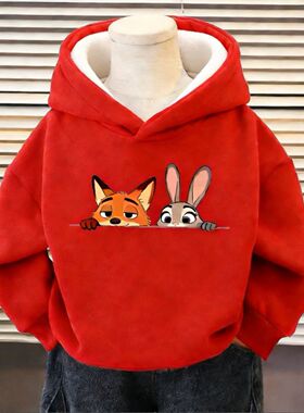 男童女童疯狂动物尼克朱迪卡通红色卫衣可爱洋气加绒连帽儿童上衣