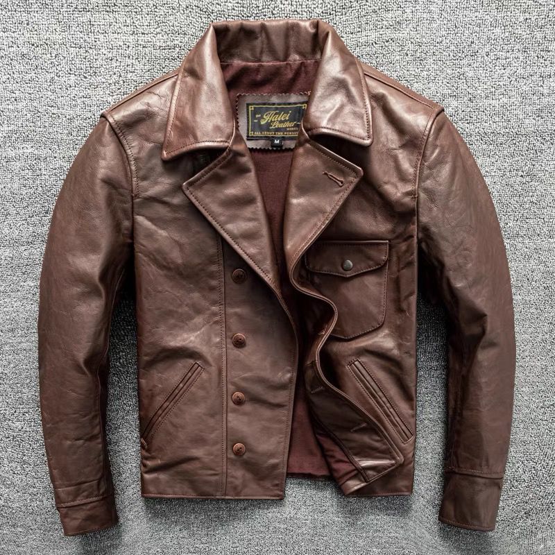孟加拉植鞣头层牛皮加州小熊男士真皮皮衣机车服成衣重水洗外套