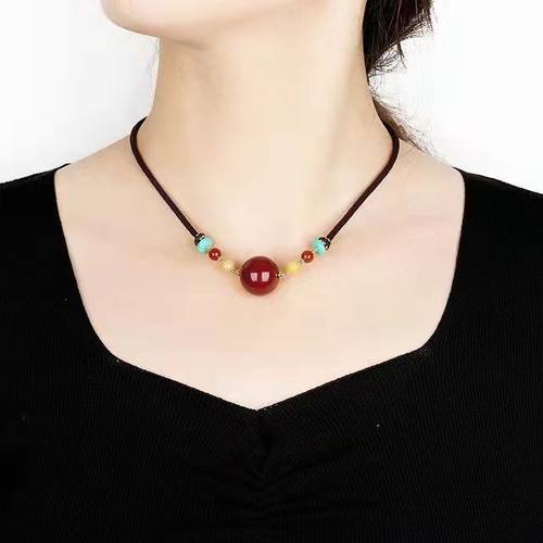 天然朱砂吊坠本命年好运项链毛衣链女玛瑙锁骨链生日礼物