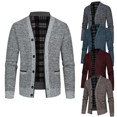 Men's Cardigan Sweater Multi colored Plaid Fleece Lined