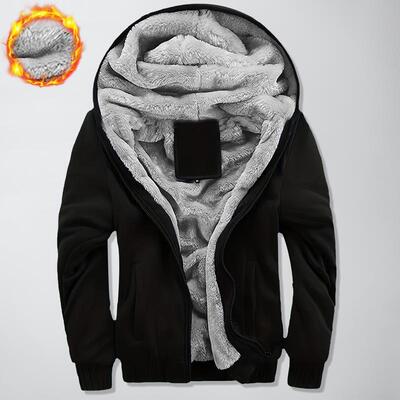Thickened Fleece Solid Color Hooded Cardigan Men's Winter