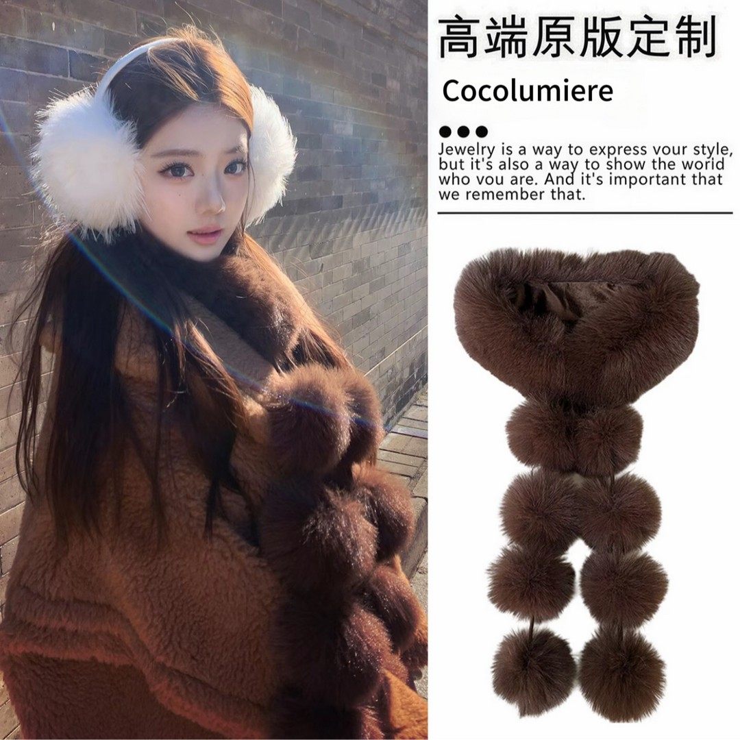 新款磁吸扣贵气时髦仿狐狸毛毛球流苏围巾女秋冬新款护颈围脖T124