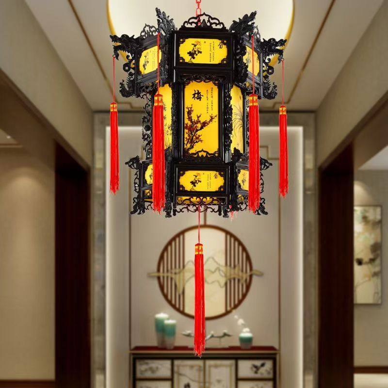 中式红灯笼仿古宫灯六角中国风旋转走马灯过新年春节阳台一对吊灯