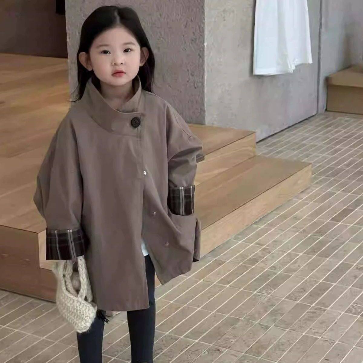 韩国版2025秋季新款女童洋气立领单排扣中长款风衣儿童宽松外套潮,童装/婴儿装/亲子装,风衣,淘宝优惠券,粉丝福利购,淘宝优惠卷
