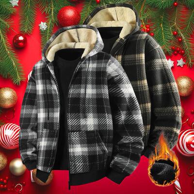 2025 New Men's Plaid Jacket Long Sleeve Hooded Fleece Lined