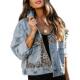 Distressed Down Leopard Denim Jacket Womens Jean Button