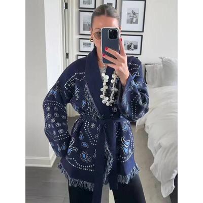 Tassels Patchwork Knitted Printed Cardigans Women Sweater