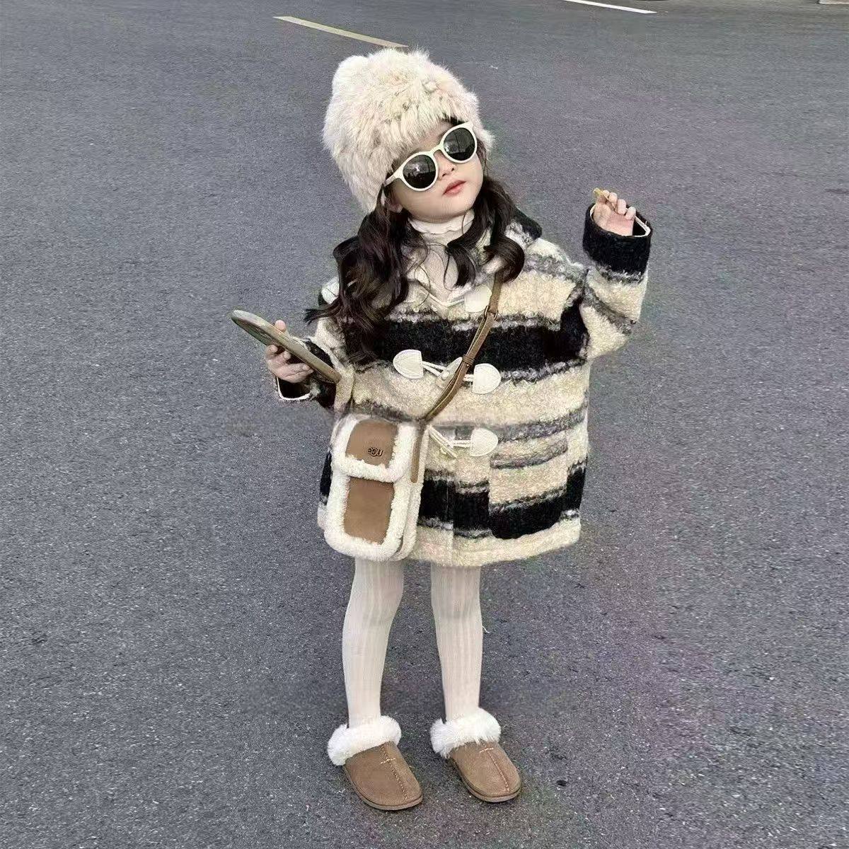 韩国童装2024冬季男女童韩版宽松条纹毛呢大衣儿童洋气牛角扣外套,童装/婴儿装/亲子装,皮草/仿皮草,淘宝优惠券,粉丝福利购,淘宝优惠卷