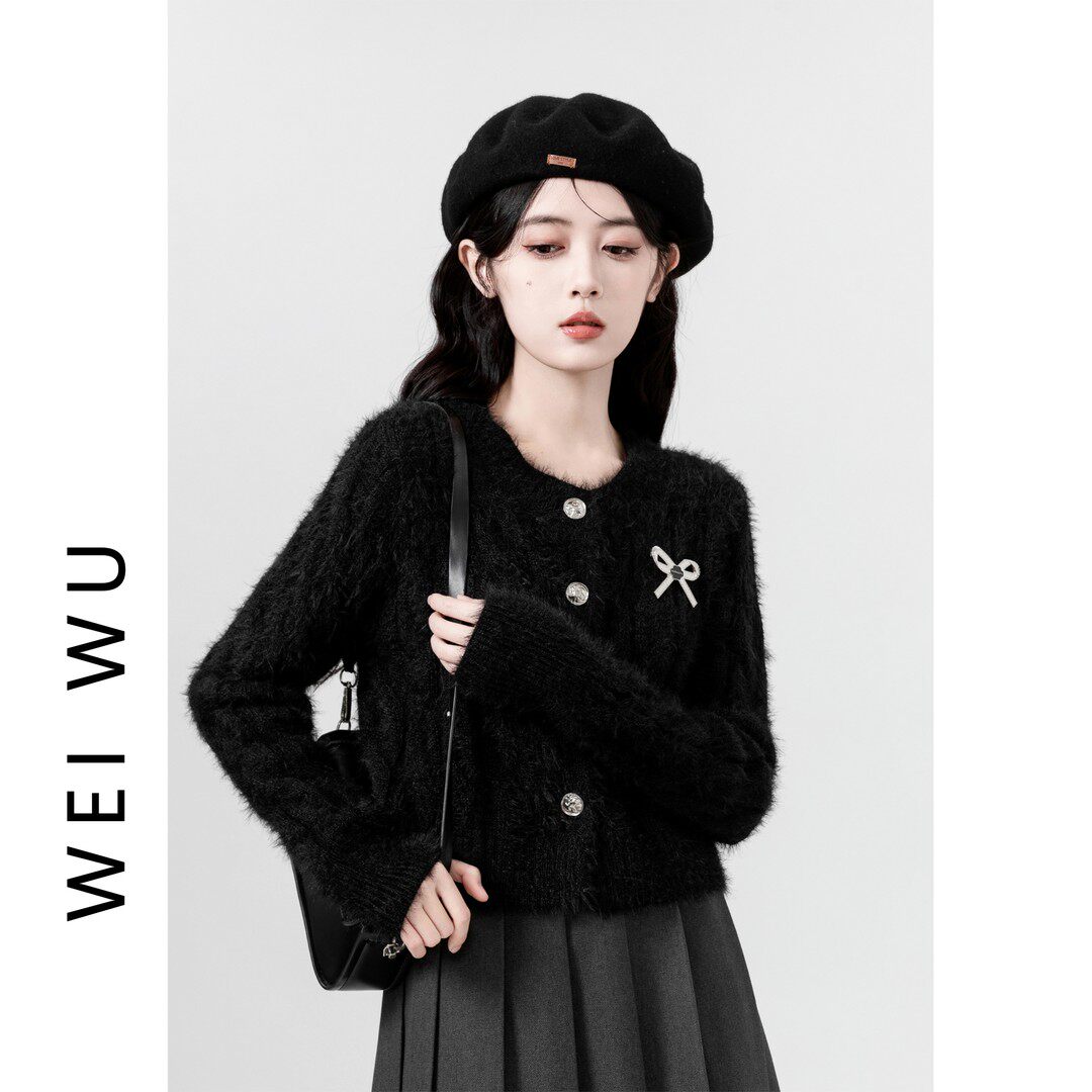 黑色马海毛毛衣外套女2025秋冬新款水貂绒软糯加厚针织开衫短上衣