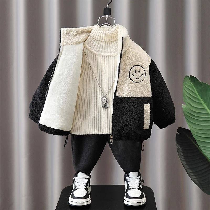 男童外套秋冬2023新款加绒加厚儿童毛衣冬装洋气宝宝棉服上衣