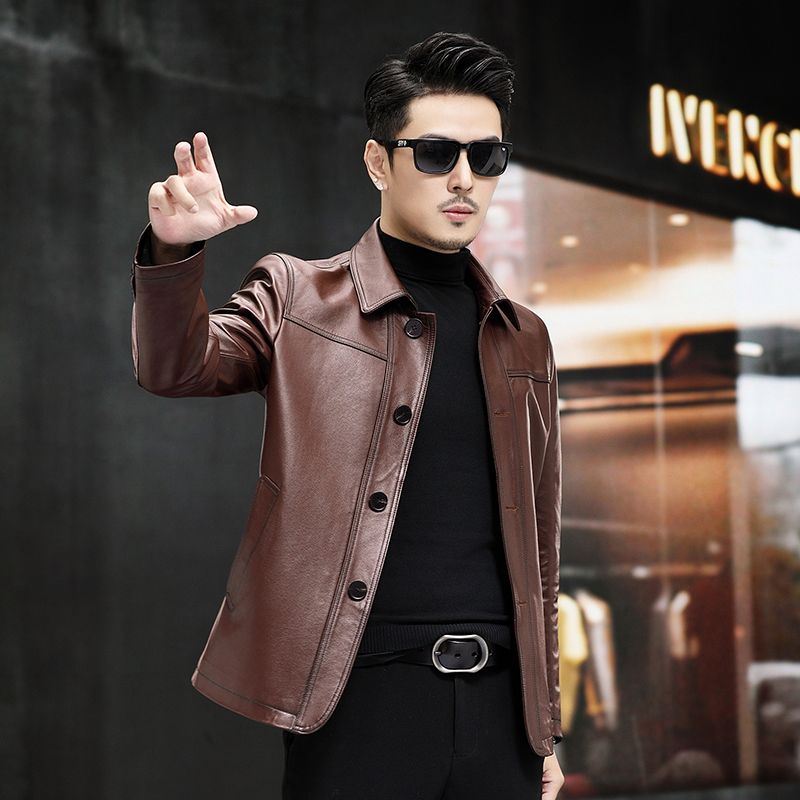秋冬新海宁真皮皮衣男头层小牛皮翻领中长款风衣中年商务夹克外套