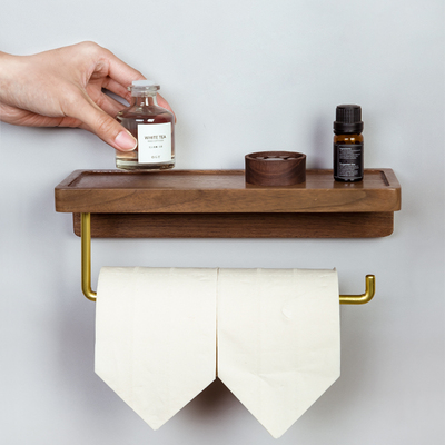 北欧风格实木免打孔卷纸架 榉木黑胡桃大号凹槽纸巾盒 森木良品