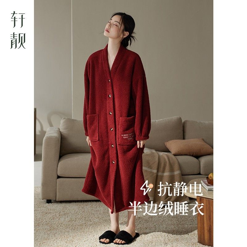 【半边绒】睡袍女冬季加绒加厚睡裙珊瑚绒睡衣红色浴袍大码家居服,女士内衣/男士内衣/家居服,睡袍/浴袍,淘宝优惠券,粉丝福利购,淘宝优惠卷