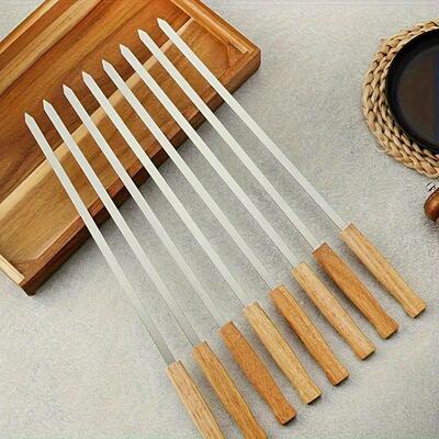 Stainless Steel Barbecue Skewer with Wooden Handle 8 Counts