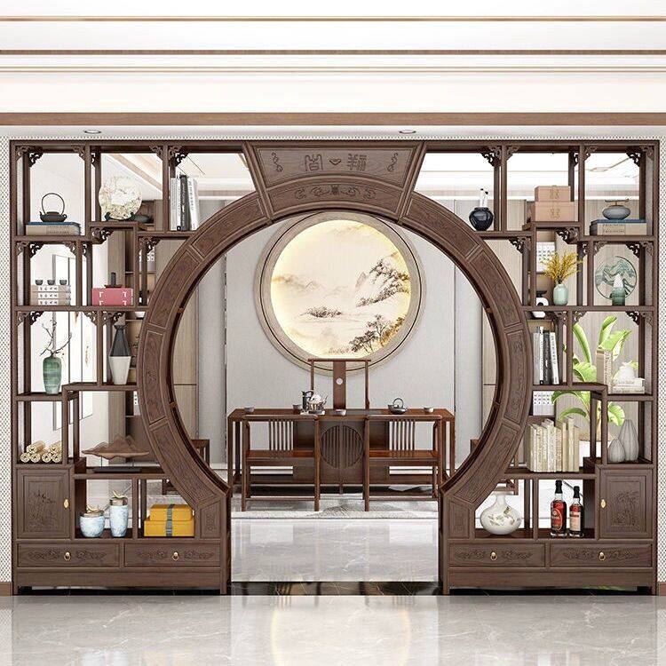 纯实木博古架博古架实木仿古新中式月洞门客厅隔断定制酒柜置物架