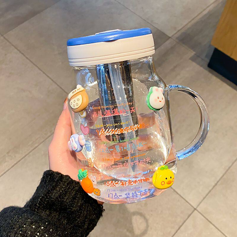 带把玻璃杯可爱女生高颜值花茶杯茶水分离夏天水杯带吸管泡茶杯子
