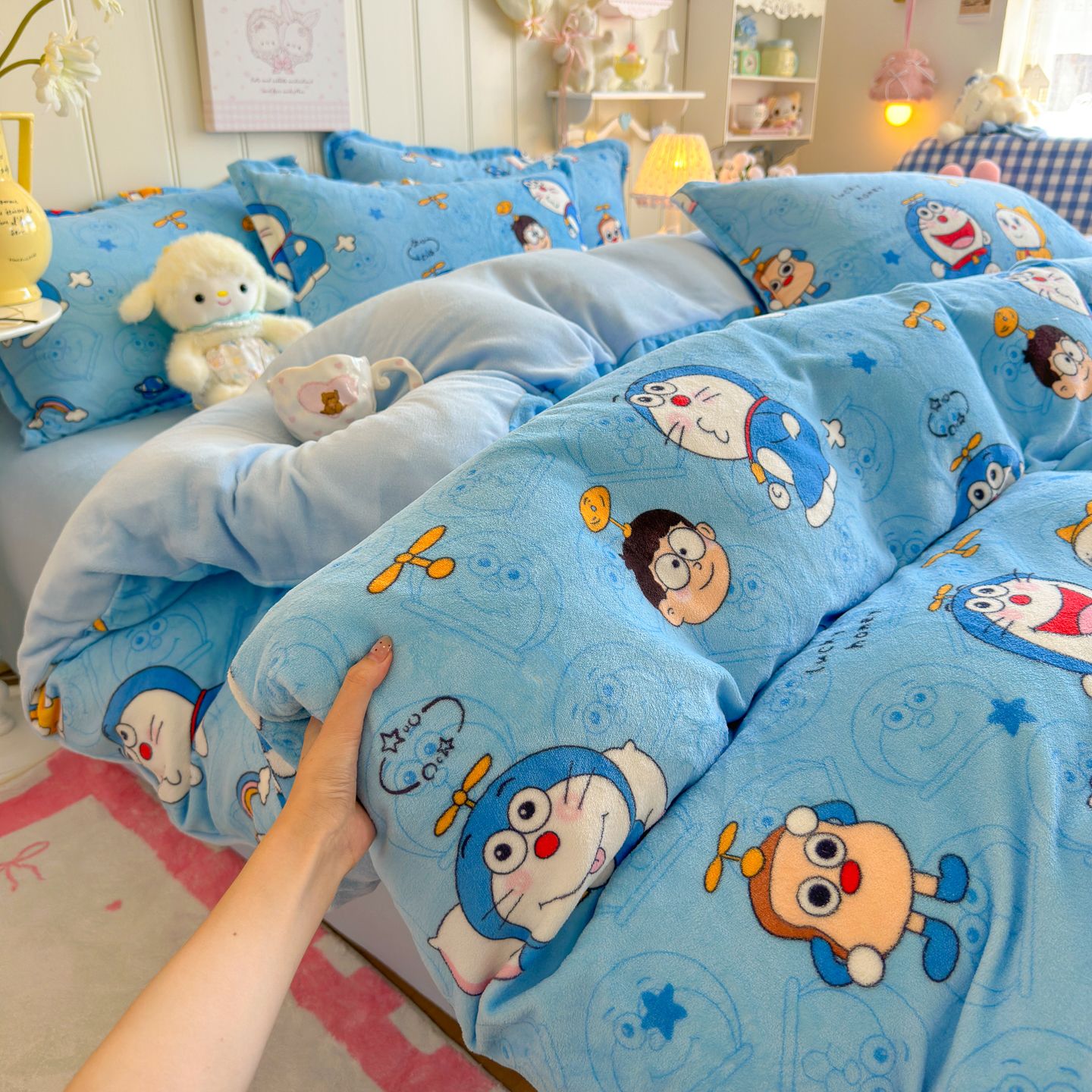 哆啦a梦卡通牛奶四件套防静电珊瑚绒被套加绒床单笠宿舍三件套3