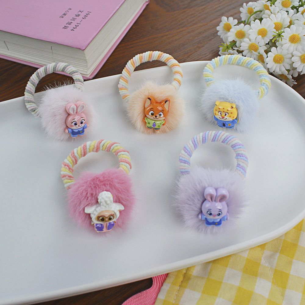 5个装儿童可爱毛绒发饰发圈女童卡通兔子警官高弹力加粗头绳头饰