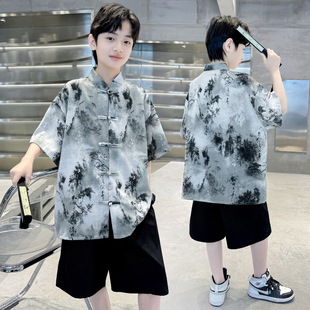 男童汉服夏季套装2025新款儿童短袖唐装大童男孩夏装新中式两件套