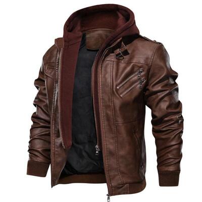 Men Brown Leather Motorcycle Jacket with Removable Hood